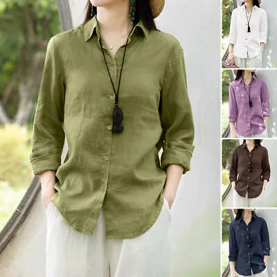 Buy Womens Summer Linen Cotton Blouse Tee Tops Ladies Long Sleeve Casual T-Shirts  • 10.52£