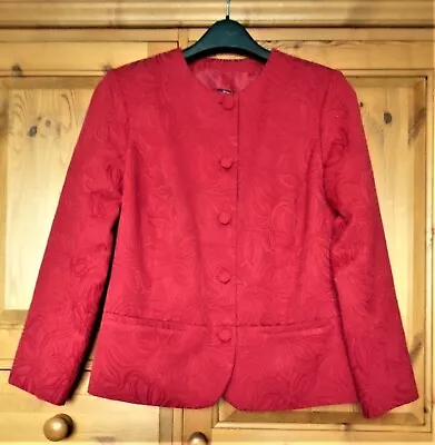 Buy Ladies DAMART Red Brocade Fabric, Tailored, Collarless Jacket. Size 14 UK • 13.99£
