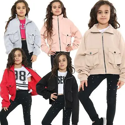 Buy Kids Girls Plain Zip Up Cropped Jackets Utility Pockets Fleece Collared Coats • 7.99£