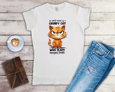 Buy My Spirit Animal Is Grumpy Cat Who Slaps Annoying People Ladies Fitted T Shirt • 12.49£