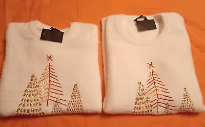 Buy 2 X Womens Girls Teen Christmas Jumpers White, Size S + Size L, Christmas Tree • 20£