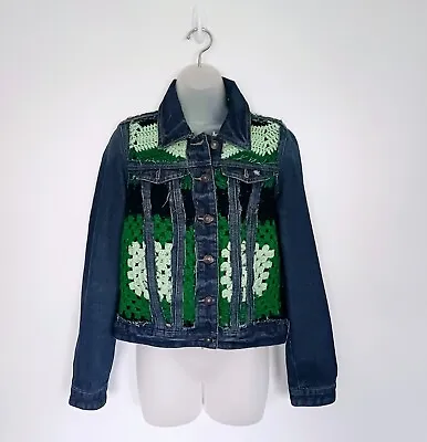 Buy Reworked Demin Jacket Size M Crochet Handmade Knitted Panelled Blue Green • 39.99£