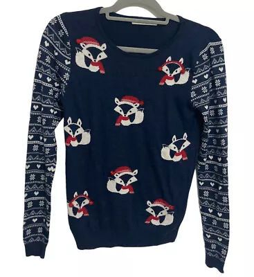 Buy George Womens Navy Fox Christmas Xmas Festive Knitted Jumper Size 8 Teen Small • 8.99£