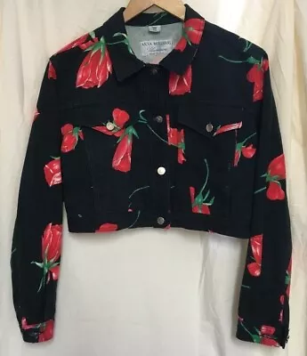 Buy ANNA MOLINARI 100% Cotton Cropped Jean Jacket, Black With Red Roses, UK16 CG E28 • 7.99£