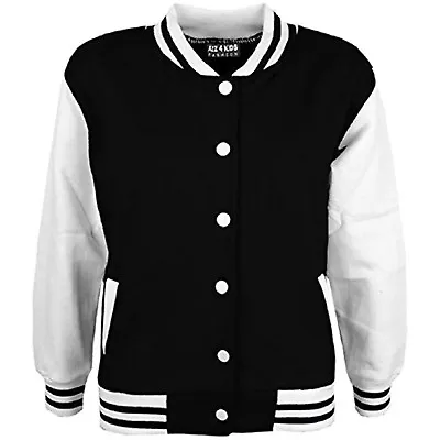 Buy Kids Girls Baseball Black Jacket Varsity Style Plain School Jacket Top 5-13 Year • 11.99£