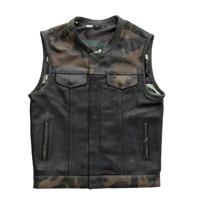 Buy Leather Vest Camouflage Men Vest Leather Motorcycle Club Vest Biker Waistcoat • 110£