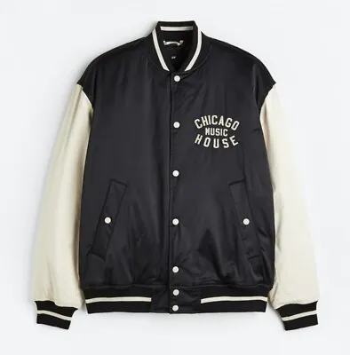 Buy Mens H&M Black / Cream Oversized Fit Satin Baseball Jacket Uk Size L • 42£