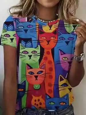 Buy New Plus Size 22 24 Multicolour Cat Print Top Blouse T Shirt Stretch Lightweight • 11.50£