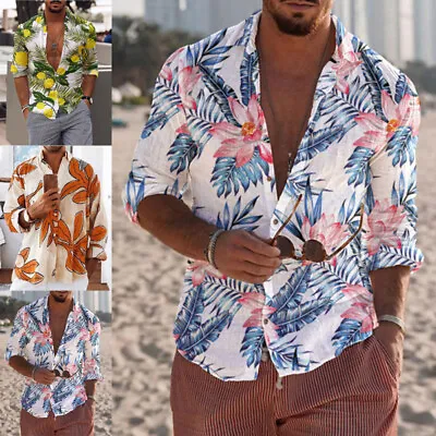 Buy Mens Lapel Neck Hawaiian Long Sleeve Floral Button Down Casual Slim Fit Shirts • 18.89£