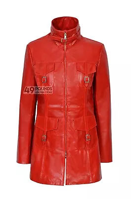 Buy Ladies Zip Up Leather Jacket Mid Length Red Cow Glaze Slim Fit Style Casual Coat • 44.10£