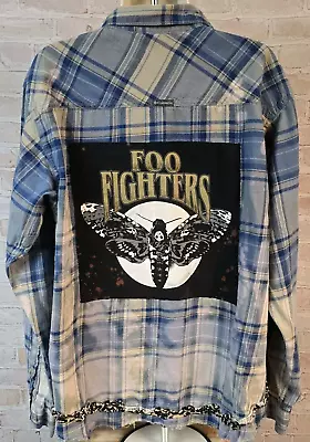 Buy Upcycled Foo Fighters Graphic Tee Shacket Columbia Flannel Shirt OOAK Women's L • 46.11£