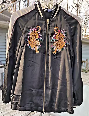 Buy H&M Divided Black Tiger Embroidered Zip Baseball Bomber Jacket Womens Size 4 • 9.95£