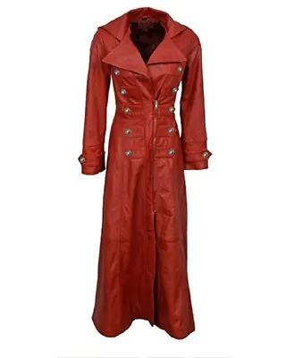 Buy Womens Pure Leather Red Coat Steampunk Gothic Trench Long Winter Red Jacket • 139.99£