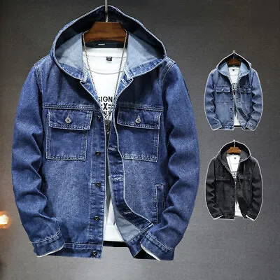Buy Mens Casual Button Up Denim Jean Coat Hooded Jacket Top Outdoor Ripped Coat • 35.59£