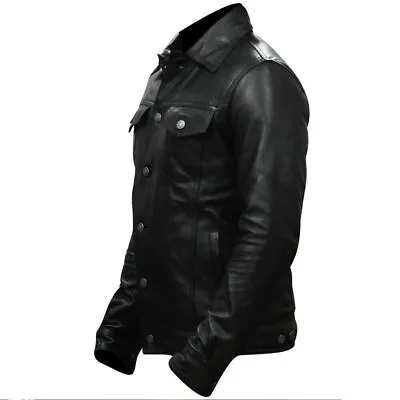 Buy Mens Trucker Jacket Denim Style Western Cowboy Leather Shirt Biker Wear • 79.99£