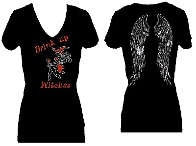 Buy Drink Up Witches Angel Wings Halloween Rhinestone Vneck Short Sleeve Tee Shirt • 28.70£