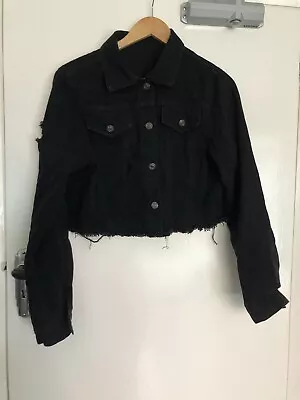 Buy Shein Black Distressed Raw Hem Cropped Denim Jacket Large • 9.99£