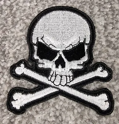Buy Skull & Crossbones Patch White Iron On Sew On Embroidered Badge Biker Metal 70mm • 2.65£