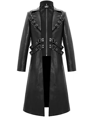 Buy Devil Fashion Mens Long Gothic Trench Coat Jacket Black Faux Leather Dieselpunk • 95.69£