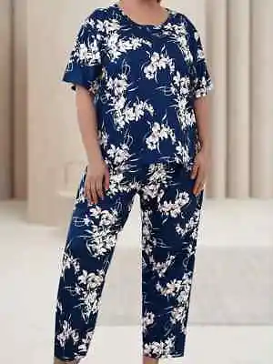 Buy Pyjama Set Plus 22 24 26 28 Dark Blue Floral Stretch Loungewear Comfort Curve • 13.49£