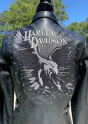 Buy Harley Davidson Women DAZZLE Rhinestone Eagle Leather Jacket BLING Medium Black • 227.32£