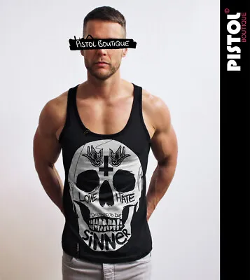 Buy Pistol Boutique Men's Black SINNER LOVE HATE CROSS SKULL Vest Top Singlet Tank • 22.49£