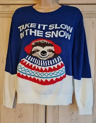 Buy Womans Blue And White Christmas Jumper With Sloth Pattern From H&m In A Size S • 4£