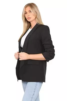 Buy Women Ladies Ruched Sleeve Fully Lined Blazer Collared Casual Fashion Jacket Top • 19.99£