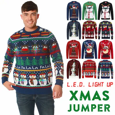 Buy Christmas Jumper Men's Light Up LED Xmas Reindeer Snowman Fairisle Sweater Top • 26.99£