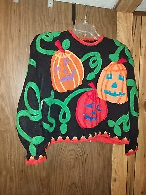 Buy Vintage 90s Lisa Nichols Halloween Pumpkins Sweater Sz. 1 S/Md 1993 Witch Hat • 56.82£