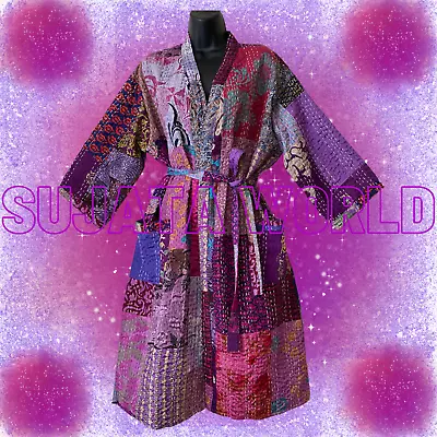 Buy Amethyst Vintage Silk Patcwork Kantha Kimono Gown Duster Coat Boho Art M L Xl • 65£