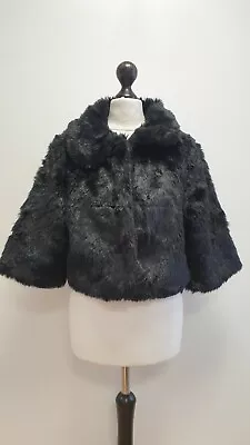 Buy W794 Womens Kaleidoscope Faux Fur Black Collared Short Jacket Uk 12 • 19.99£