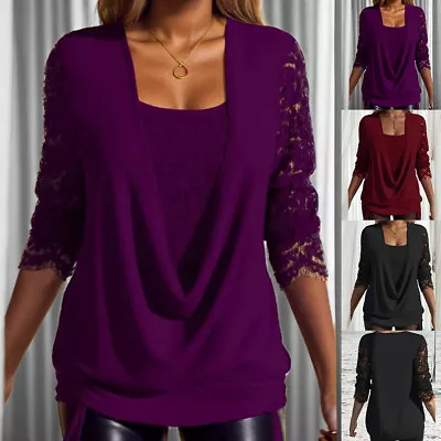 Buy Womens Lace Double Layer  Tunic Tops Ruffle Long Sleeve Blouse T-Shirt Plus Size • 5.09£