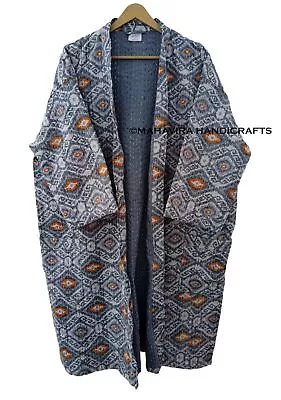 Buy Ikat Print Winter Wear Indian Pure Cotton Gray Mid-length Gypsy Kimono Jacket • 42.35£
