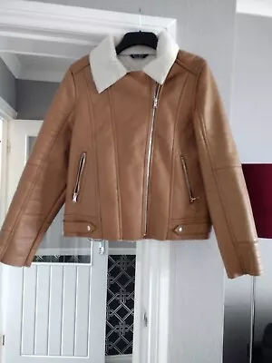 Buy Ladies Tan / Brown Leather Look Bomber Jacket Size 16 • 12.50£