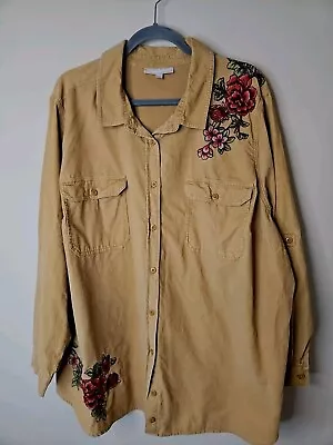 Buy Woman Within Shirt Shacket Women 2X Tan Floral Embroidered Courdoroy Boho Pocket • 14.21£