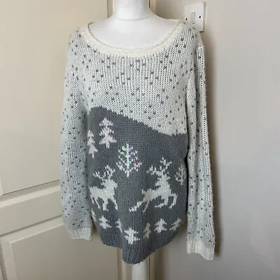 Buy New Look Size Large FLUFFY REINDEER  CHRISTMAS JUMPER Grey Cream Sequins Xmas • 13.49£