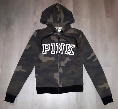 Buy Victoria's Secret PINK Green Camo Logo Zip Up Hoodie Sweatshirt XS Camouflage • 12.24£