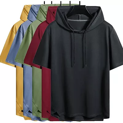 Buy Mens Short Sleeve Hoodies T Shirt Tops Sweatshirts Loose Drawstring Summer *UK • 10.12£