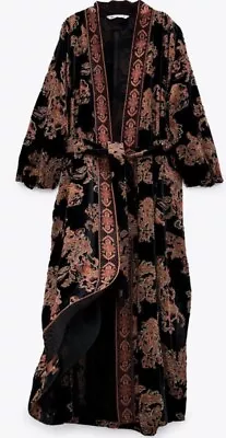 Buy Zara Black Belt Long Floral Devore Velvet Trim  Boho Vintage Kimono Poncho M-L • 79.99£