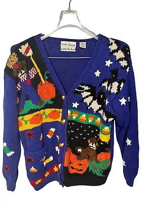 Buy VTG Croft & Barrow Halloween Knitted By Hand Cardigan Sweater Blue Petite Medium • 24.46£