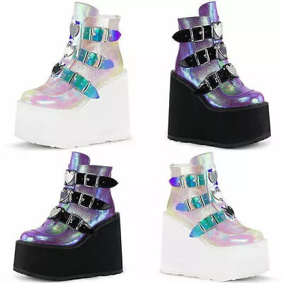 Buy Ladies Goth Punk Chunky Wedge High Heel Platform Shoes Women's Ankle Boots New • 9.60£