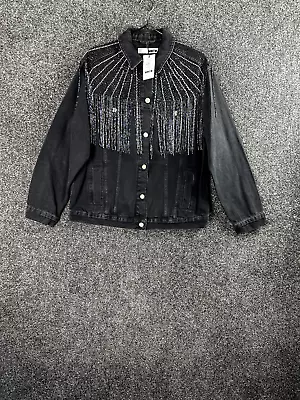 Buy Topshop Women Jacket Size 12 Black Denim Diamante & Sequin Fringe Biker Style • 89.99£