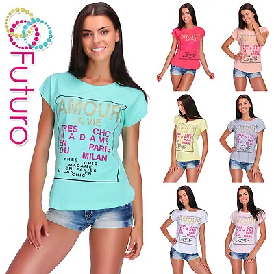 Buy Party T-Shirt Amour Print Crew Neck Short Sleeve Ladies Top Sizes 8-14 FB132 • 4.99£