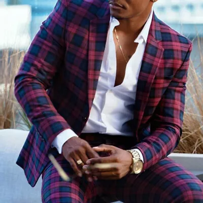 Buy Men's Formal Slim Fit Fashion Party Prom Tuxedos Tops Checked Plaid Suit Jacket • 26.39£
