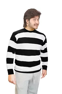 Buy Unisex Black & White Striped Knitted Jumper Top Shirt Long Sleeve Fancy Dress • 16.99£