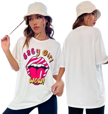 Buy New Ladies Baby Girl Wow Printed Oversized T Shirt Top • 7.49£