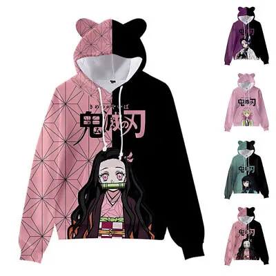 Buy Girls Demon Slayer Anime Hoodies Pullover Sweatshirt Cute Cat Ear Tops Pullover • 9.21£
