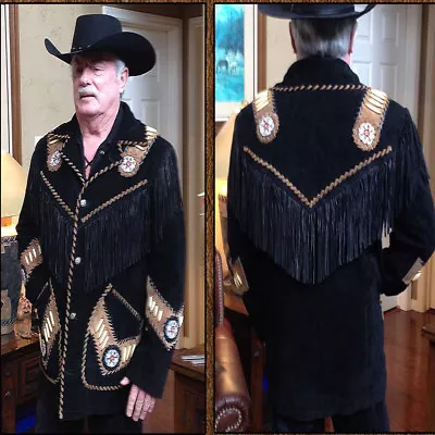 Buy Men's Handmade Western Genuine Suede Leather Jacket With Fringe Bone & Studs • 144.57£