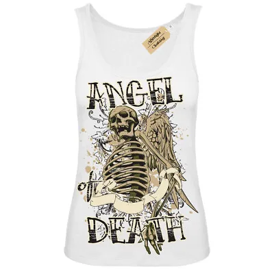 Buy Angel Of Death T-Shirt Skeleton Gothic Skull Skeleton Rock Vest White Womens • 11.95£